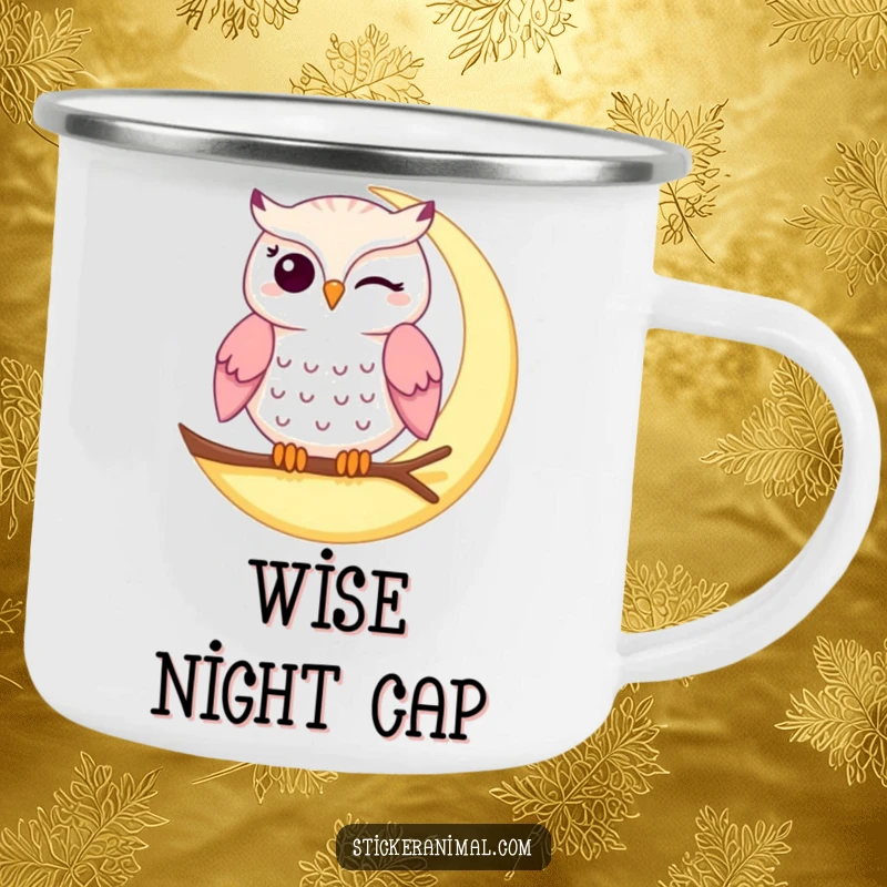 Funny winking owl camping mug featuring a winking owl on a crescent moon, perfect for outdoor brews and nighttime laughs.