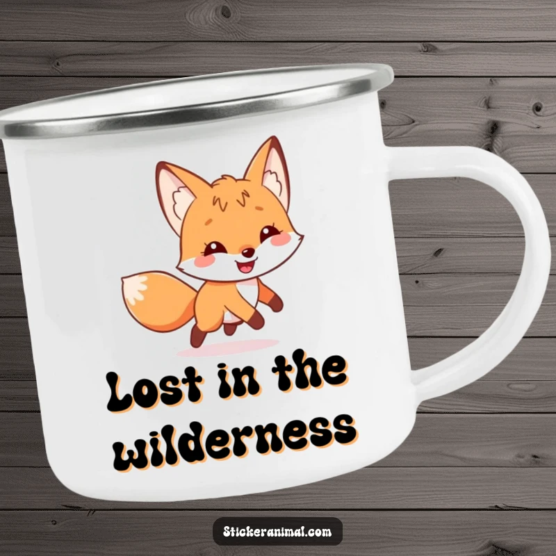 Funny camping mug showcasing a curious fox with a grin, playfully chasing its tail, perfect for outdoor enthusiasts.