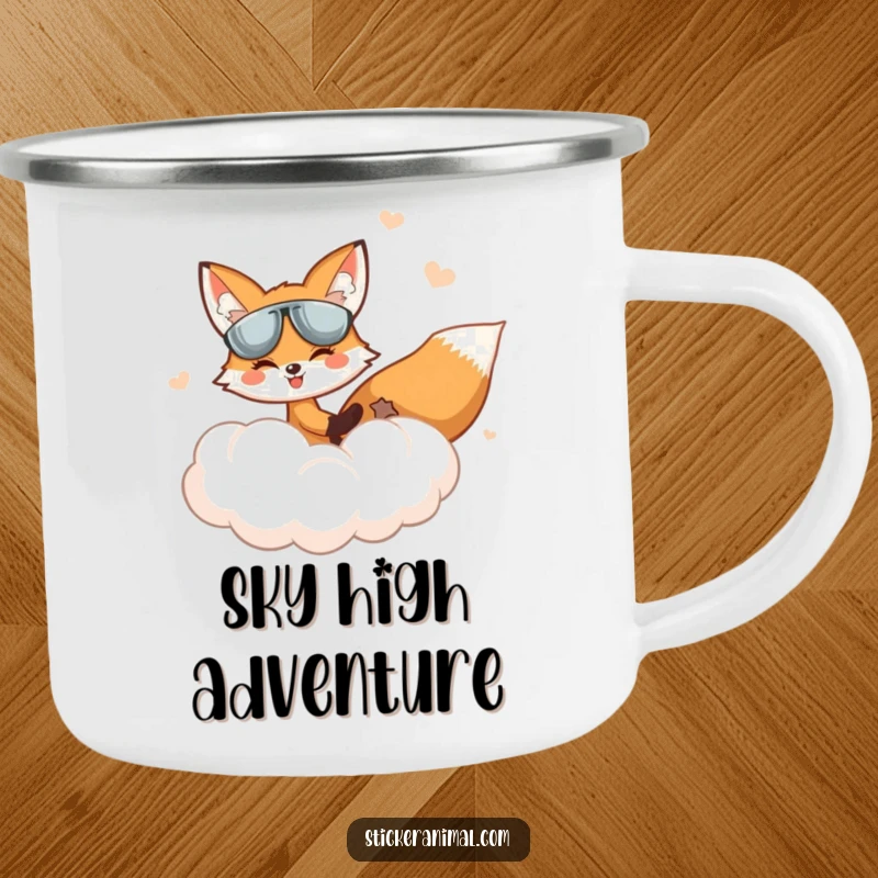 Funny Fox Camping Mug: A fox pilots a fluffy cloud in the sky, ready for outdoor adventures with a humorous twist.