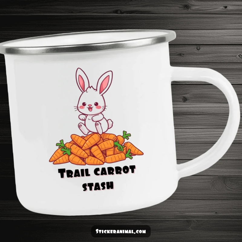 Funny camping mug with a playful rabbit character hopping over carrots, bringing fun and cheer to outdoor sips.
