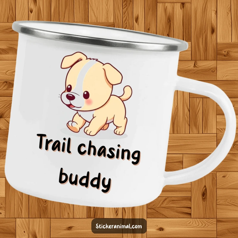 Funny camping mug with a playful puppy chasing its tail, perfect for outdoor fun and humorous beverages.