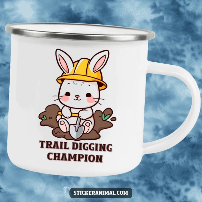 Funny Bunny Camping Mug: A bunny in a construction helmet digs with a shovel, ready for outdoor projects with humor.
