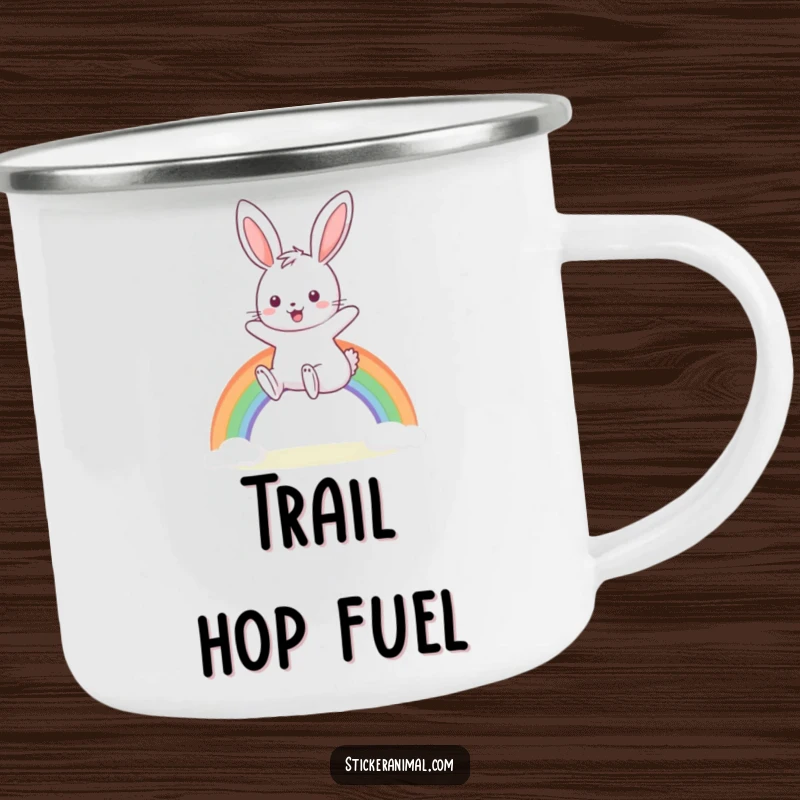 Funny camping mug with a happy bunny hopping over a rainbow, perfect for outdoor adventures and magical drinks.
