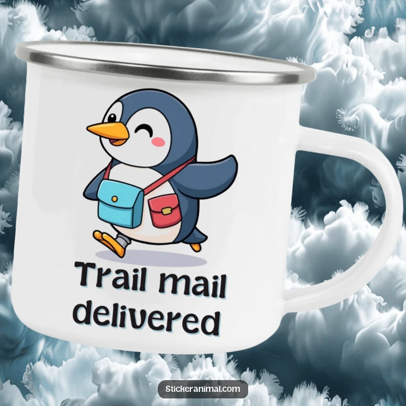 Funny penguin camping mug featuring a cheerful character with a messenger bag, running with excitement, perfect for enjoying drinks outdoors.