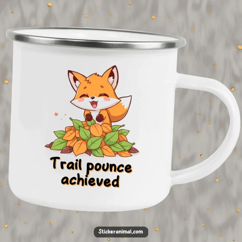 Funny camping mug depicting an excited fox pouncing into autumn leaves, ideal for outdoor fall adventures.
