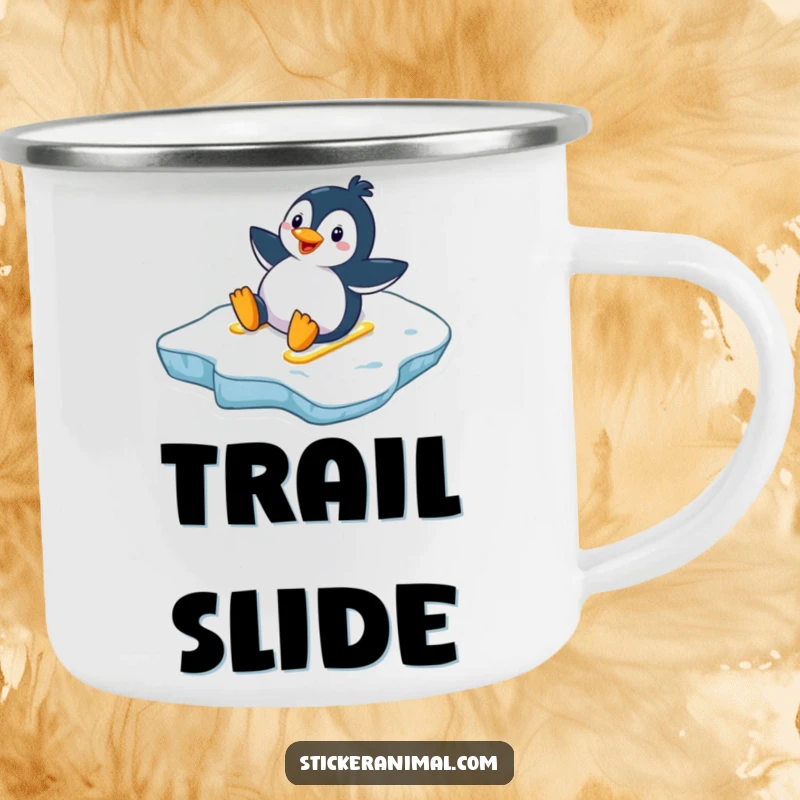 Funny penguin camping mug featuring a delighted penguin sliding down an icy slope, perfect for outdoor adventures and warm drinks.