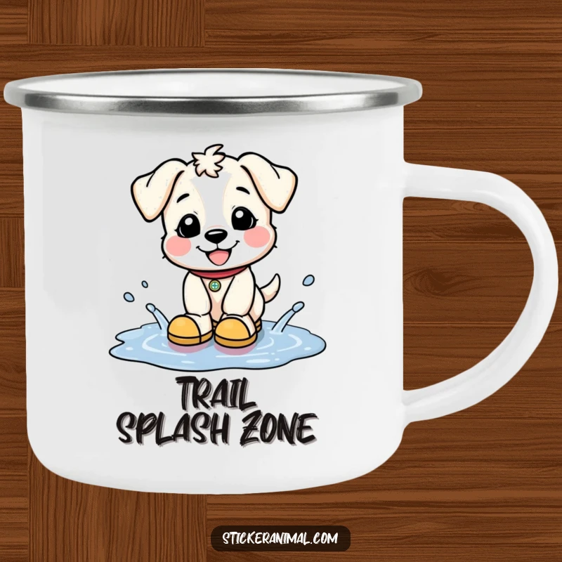 Funny camping mug with a happy puppy in tiny boots splashing in puddles, celebrating outdoor adventures with playful joy.