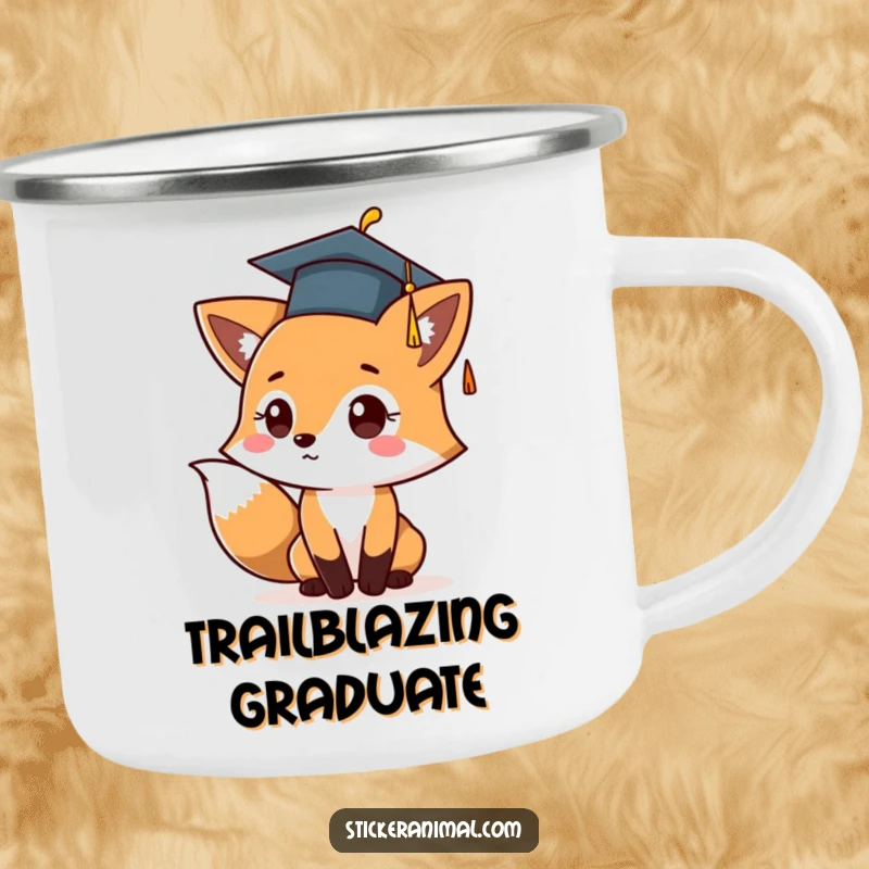 Funny camping mug with a cute fox character in a graduation cap, captured mid-toss, celebrating success during outdoor adventures.