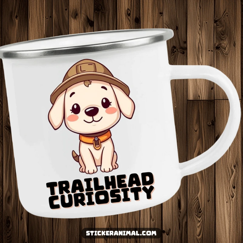 Funny camping mug with a smiling puppy in an explorer hat, looking curiously, ideal for enjoying drinks on adventurous outings.
