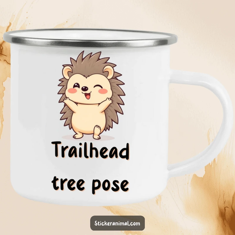 Funny hedgehog doing a headstand on a camping mug, cheerful and durable, designed for outdoor fun and as a funny gift.