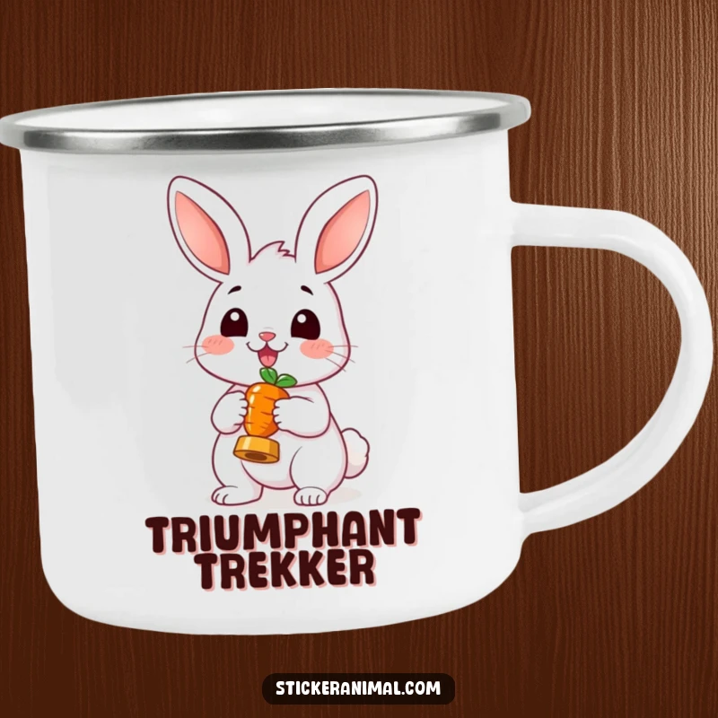 Funny Cheerful Rabbit Camping Mug: A rugged mug featuring a happy rabbit holding a carrot trophy, perfect for outdoor celebrations.