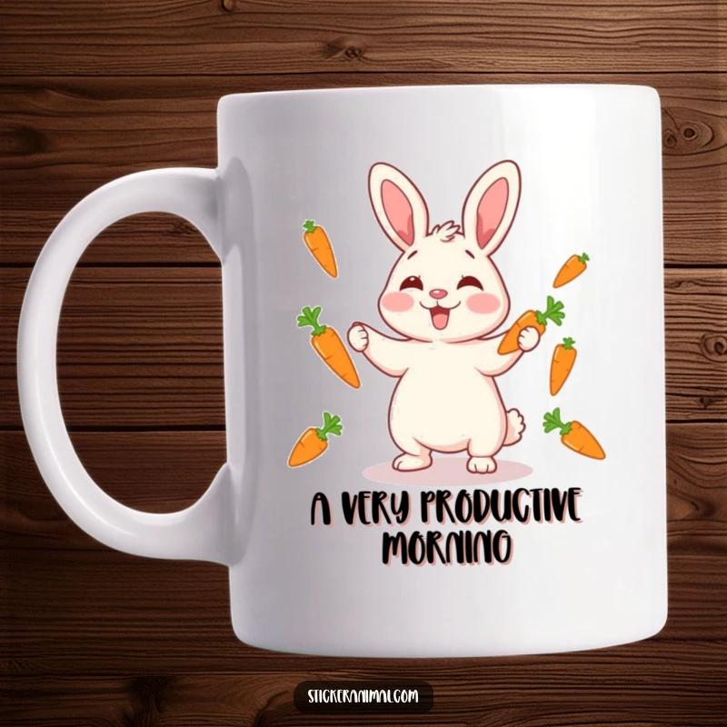 Funny giggling rabbit character juggling carrots on a mug, embodying mischievous fun, perfect for a funny gift.