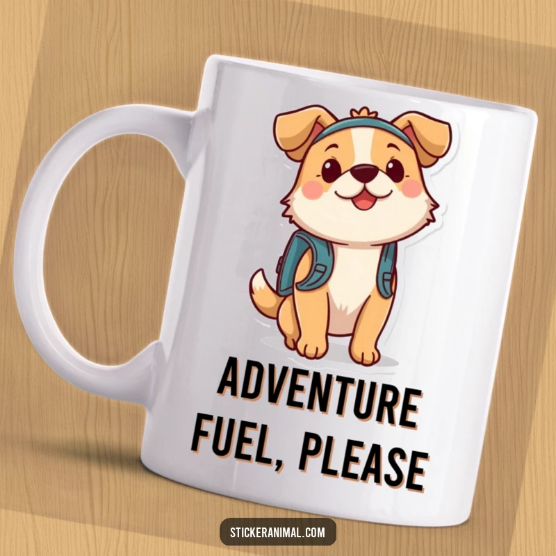 Funny bouncing dog with a tiny backpack, enthusiastically ready for an exciting adventure. This cheerful character is perfect for outdoor enthusiasts.