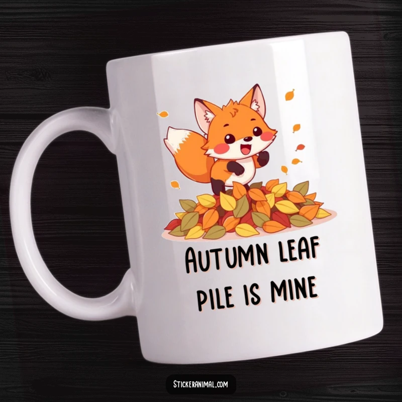 Funny mug showing an excited fox gleefully pouncing on a vibrant pile of autumn leaves, full of energy and joy.