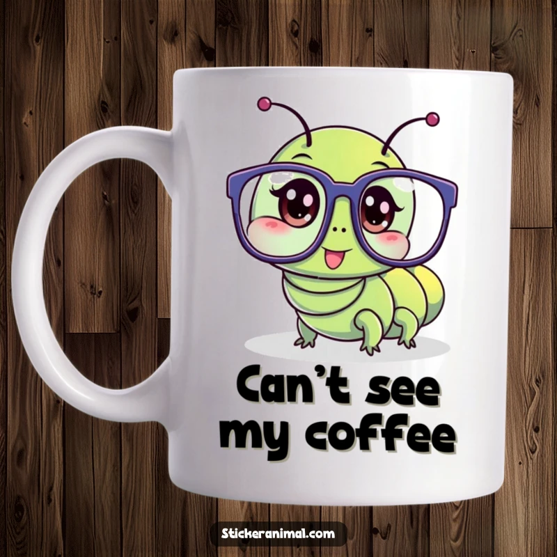 Funny mug shows a wriggling caterpillar character hilariously attempting to wear comically large glasses.