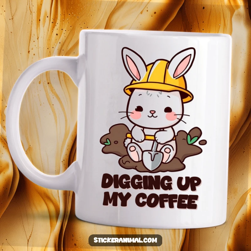 Funny Bunny Mug: A cute bunny in a construction helmet digs with a shovel, embodying hard work and humor.