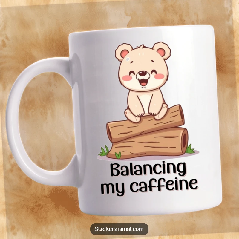 Funny mug showing a happy bear cub precariously balancing on a log, embodying playful determination.