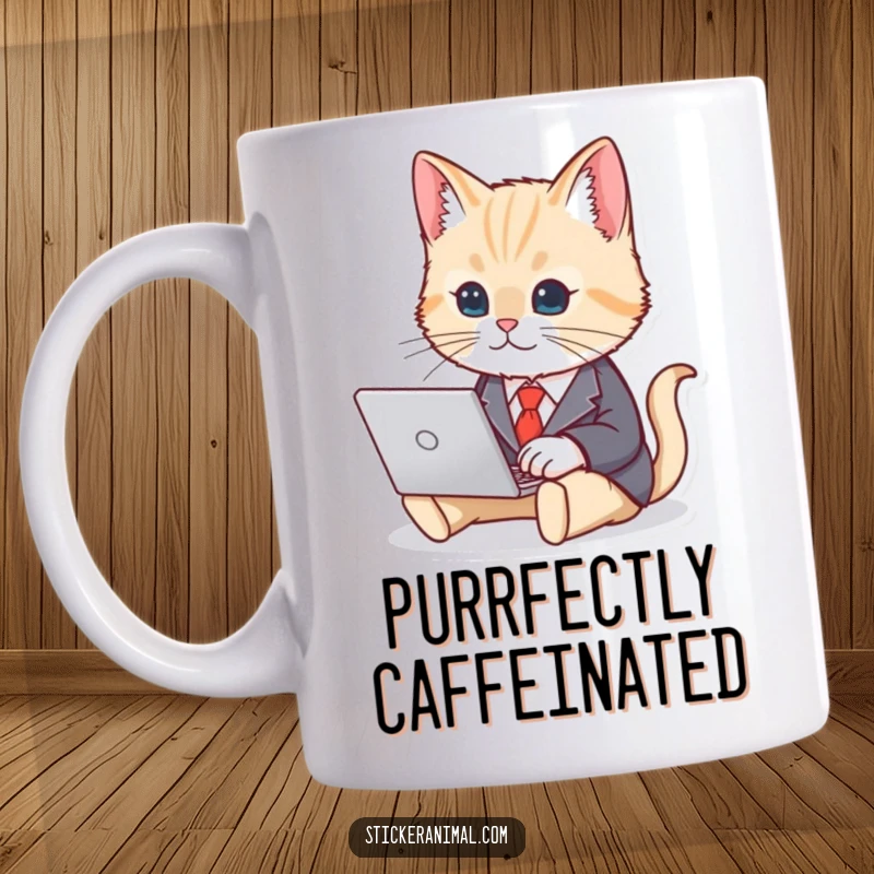 Funny mug featuring a cute cat in a tiny business suit, diligently typing on a miniature laptop, representing office humor.