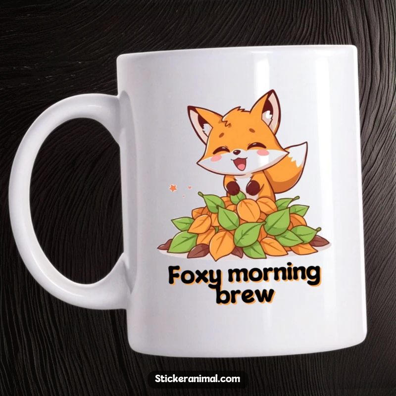 Funny mug depicting an energetic fox joyfully pouncing into a pile of colorful autumn leaves, full of excitement.