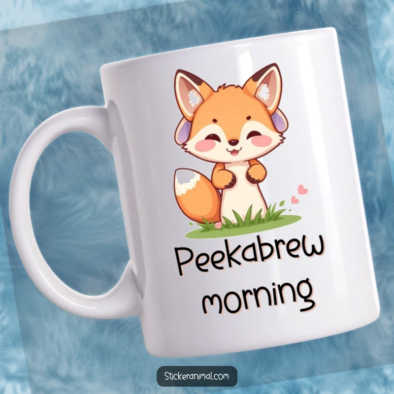 Funny mug with a cheerful fox cub playfully peeking from behind a mushroom, showcasing woodland curiosity.