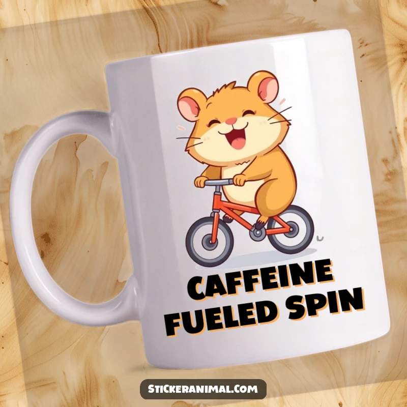 Funny mug shows a grinning hamster character spinning rapidly and joyfully on a tiny, fast bicycle.