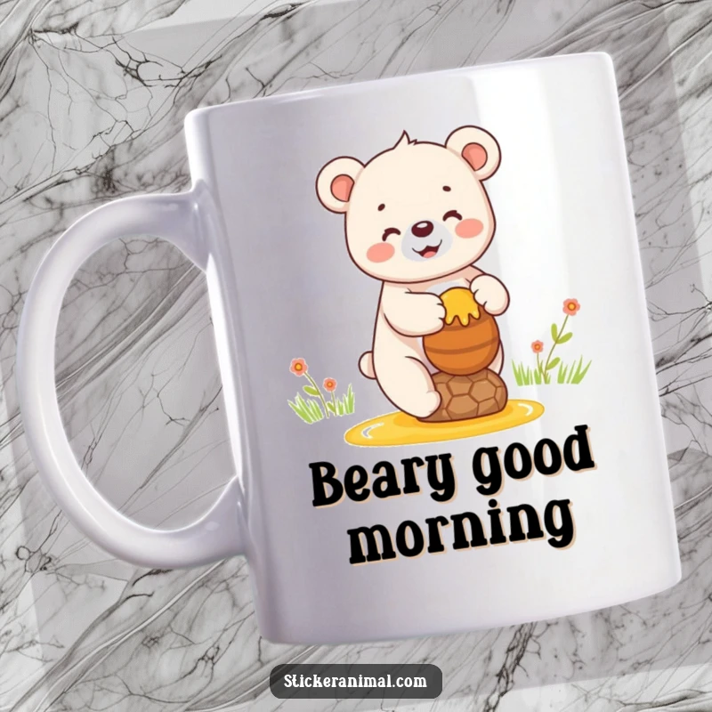 Funny mug showing a delightful bear cub happily balancing a pot of honey, representing sweet joy and delight.