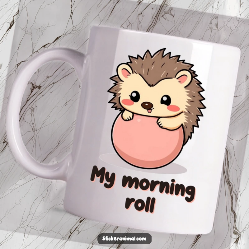 Funny hedgehog mug showing a happy hedgehog curled into a playful ball, radiating cute and cozy humor.