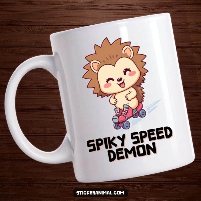 Funny hedgehog character wearing roller skates, zipping by with a smile, perfect for coffee lovers.