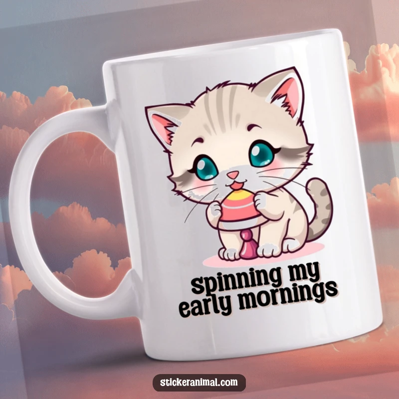Funny mug with a playful kitten character perfectly balancing a spinning top on its tiny nose, showcasing focus and cuteness.