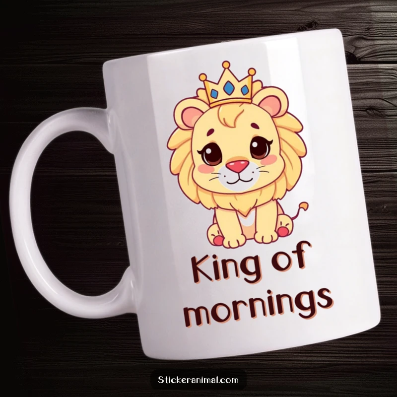 Funny cute lion character proudly wearing a small golden crown, depicted on a ceramic mug for a regal feel.
