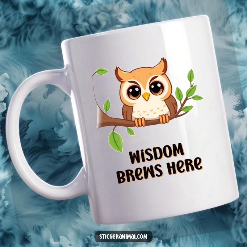 Funny playful owl with big eyes peeking from a branch on a mug, embodying curiosity and charm, perfect for a funny gift.