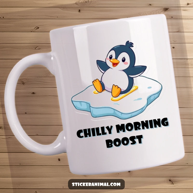 Funny penguin mug depicting a delighted penguin joyfully sliding down a snowy icy slope, radiating pure winter fun.