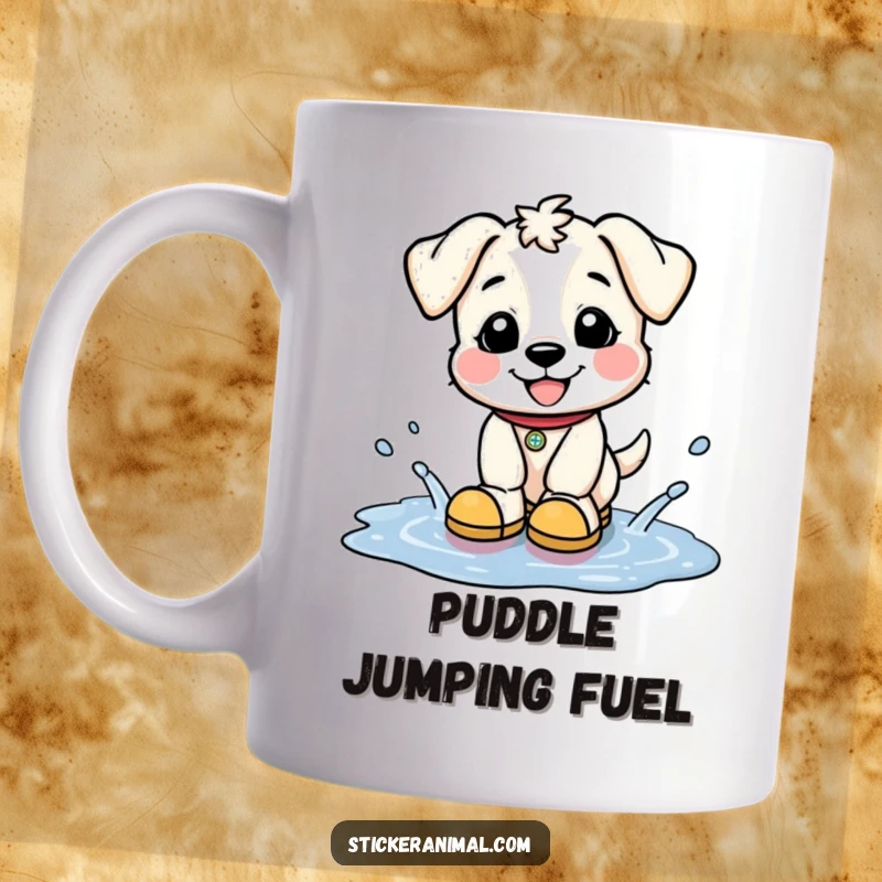 Funny mug featuring a happy puppy wearing tiny boots, joyfully splashing water in puddles, embodying pure delight and playful fun.