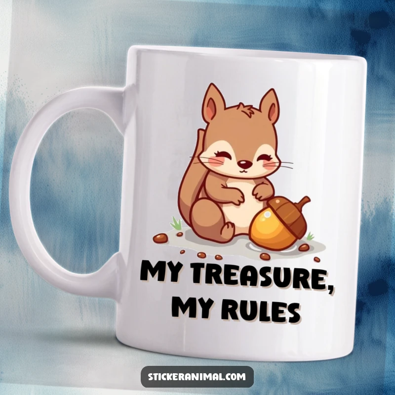 Funny mug showing a mischievous squirrel intently burying a shiny acorn, embodying playful hoarding instincts.