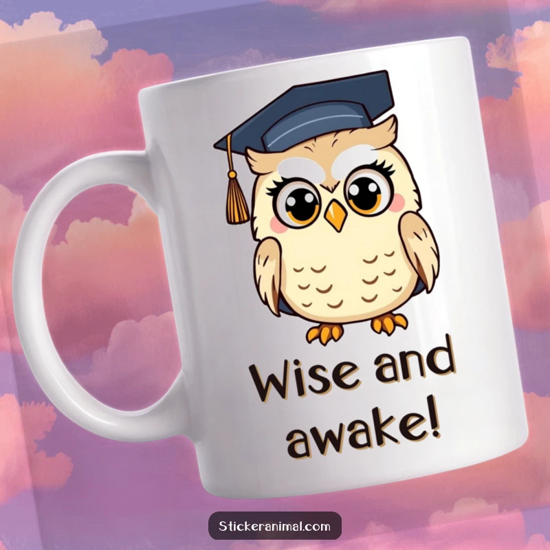 Funny Surprised Owl Graduation Mug: An owl with wide, shocked eyes wearing a graduation cap, celebrating academic success with humor.