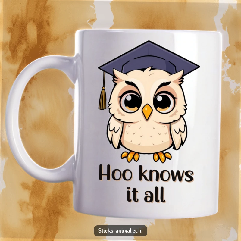Funny mug showing a shocked owl with comically wide eyes, sporting a graduation cap, expressing surprise and achievement.