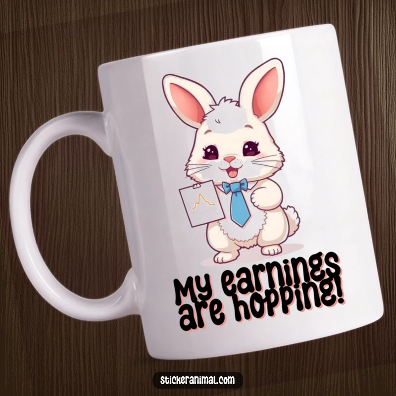 Funny mug showcasing a serious fluffy rabbit in a tie, excitedly pointing at a minuscule business graph, perfect for office humor.