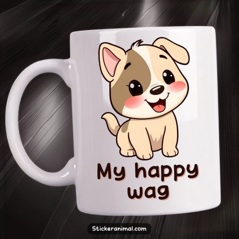Funny dog mug featuring a cheerful dog character with its tail wagging enthusiastically, radiating pure happiness and canine joy.