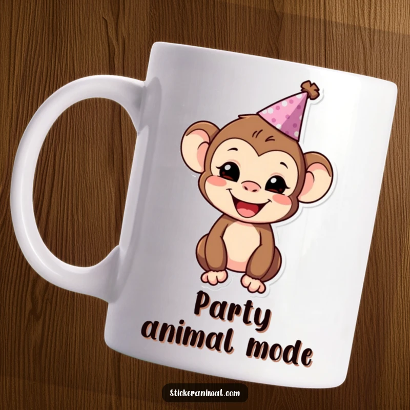 Funny monkey wearing a party hat, smiling broadly, ready to celebrate on a cheerful mug.