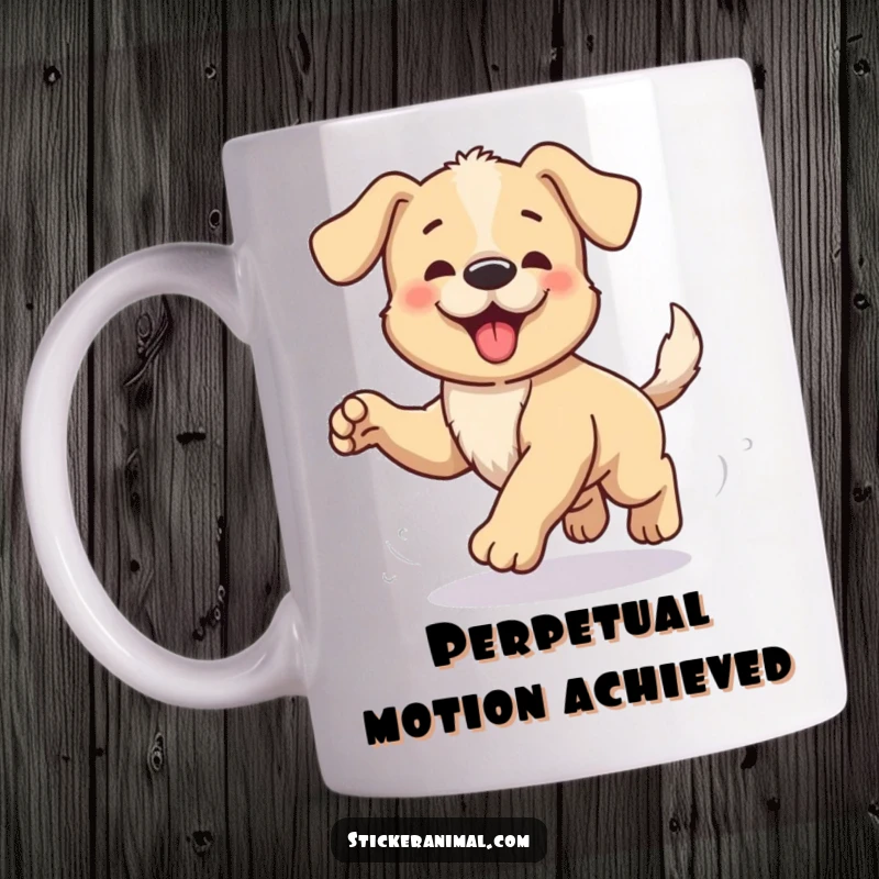 Funny mug with a joyful puppy spinning in circles, joyfully attempting to catch its own tail, conveying pure, unadulterated fun.