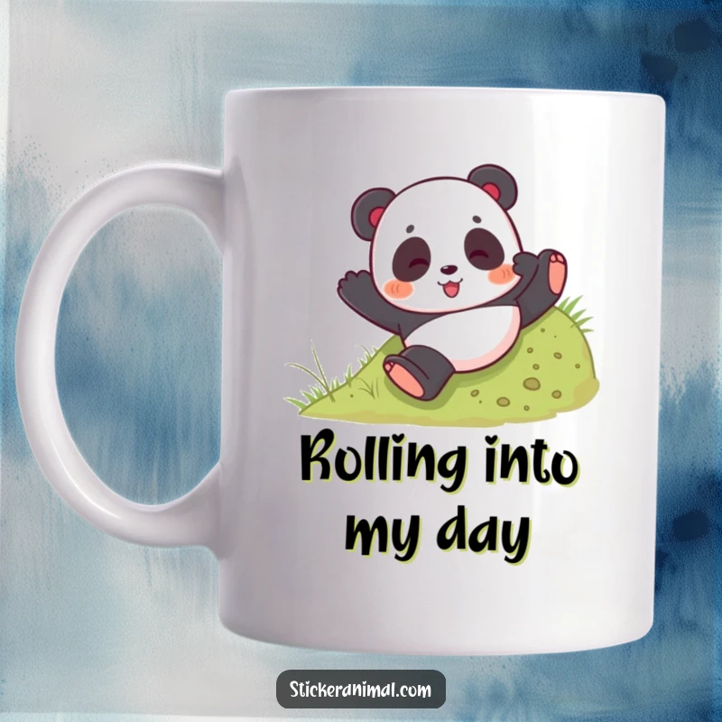 Funny mug with a playful panda tumbling down a grassy hill with a look of pure delight and abandon.