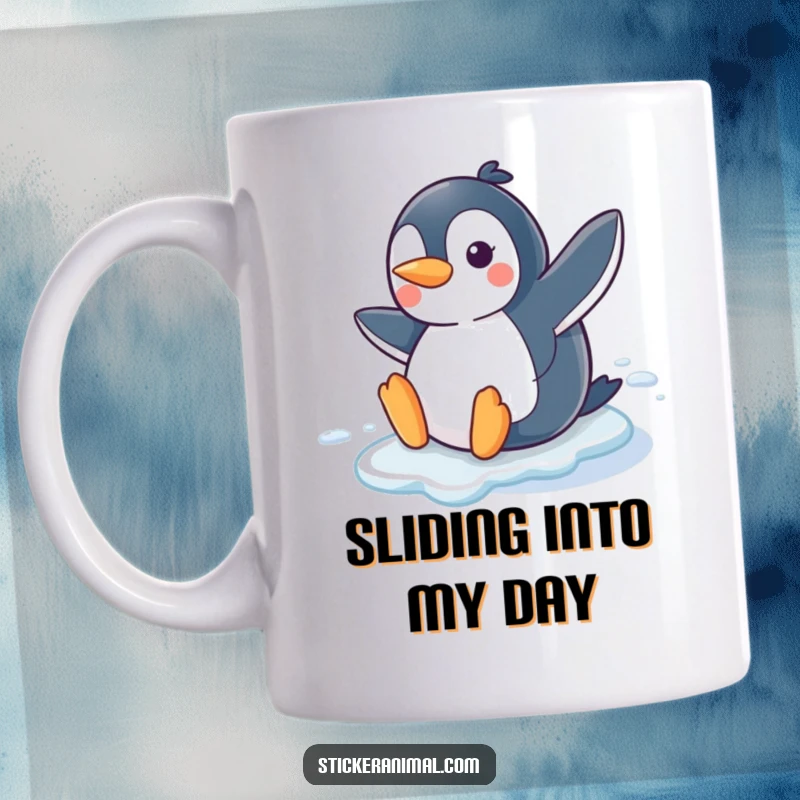 Funny Penguin Slide Mug featuring a joyful penguin character happily sliding on ice with a wide, cheerful smile.