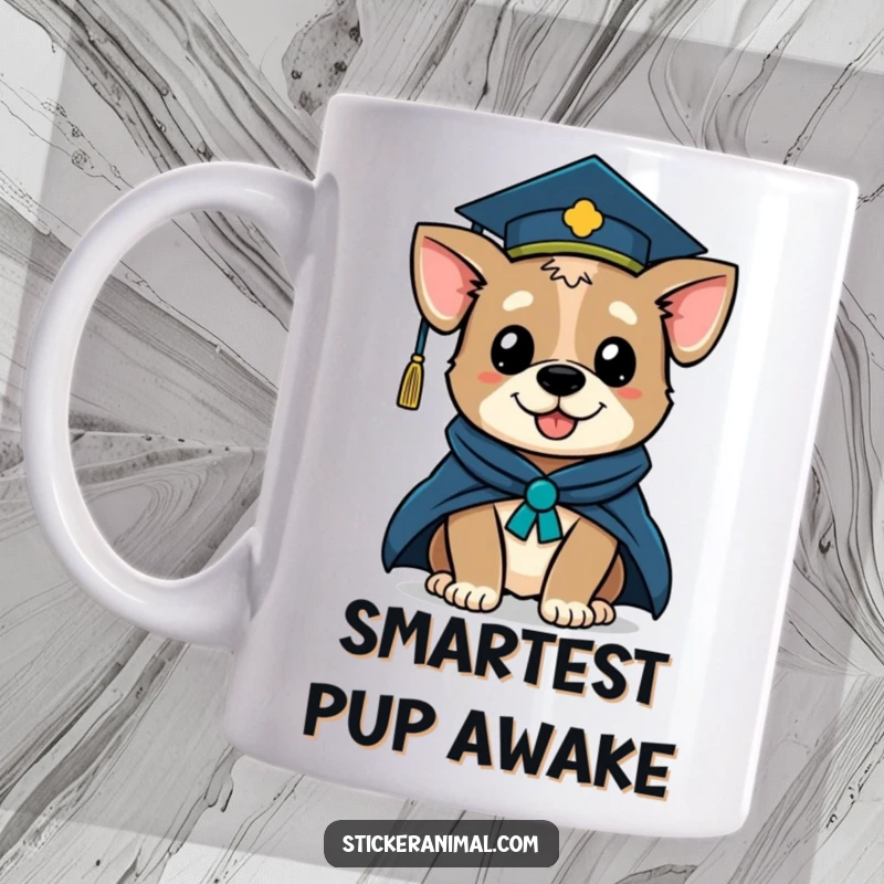 Funny mug featuring a cute dog character winking while wearing a graduation cap and academic robe, looking proud and accomplished.
