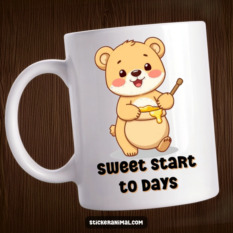 Funny mug showing a cute, happy bear cub precariously balancing a dripping pot of golden honey, looking delighted.