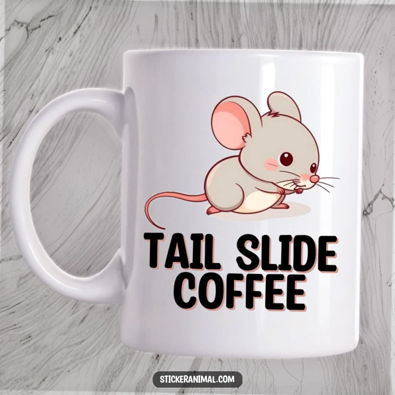 Funny mug featuring a mischievous mouse character gleefully sliding down a long tail, embodying playful and cheeky energy.