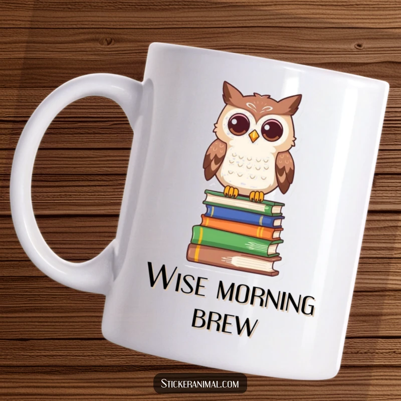 Funny owl mug featuring a curious character perched wisely atop a stack of books, embodying knowledge and intrigue.