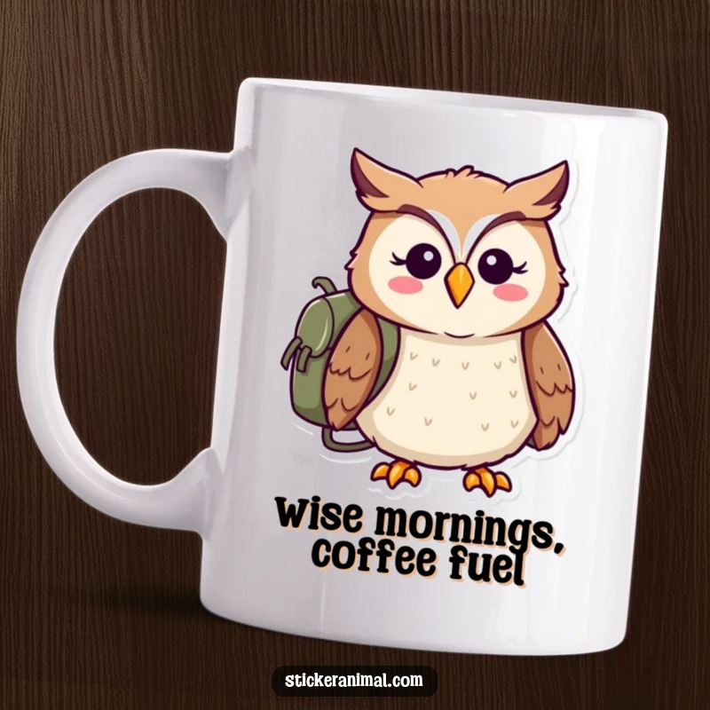 Funny mug with a cheerful owl wearing a backpack, looking ready for an exciting adventure, embodying wanderlust.