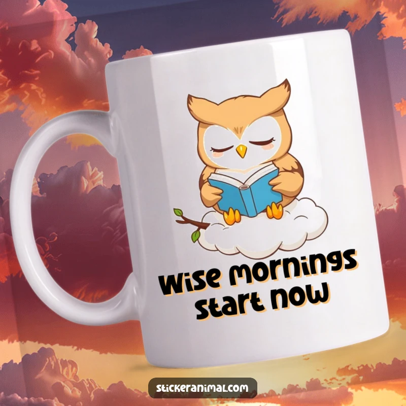 Funny owl mug with a cute owl character wearing glasses, reading a book intently while perched comfortably on a soft cloud.