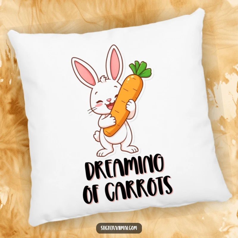 Funny pillow featuring a happy bunny character proudly holding a large carrot as a trophy, offering comfort and humorous celebration.