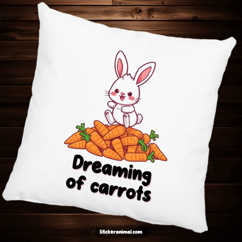Funny rabbit pillow featuring a playful character hopping over carrots, offering cozy comfort and a cheerful vibe.